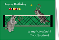 Birthday to Twin Brother, Raccoons playing tennis with tennis rackets card