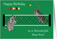 Birthday to Step Son, Raccoons playing tennis with tennis rackets, net card