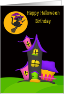 Birthday on Halloween, general, Haunted house with a witch cat flying card