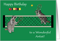 Birthday to Artist, Raccoons playing tennis with tennis rackets, nets card