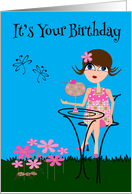 Birthday, adult humor, general, girl with a large cocktail, flowers card