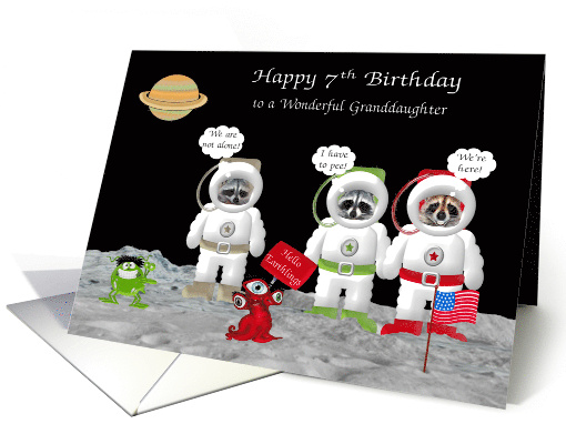 7th Birthday to Granddaughter with Raccoon Astronauts on the Moon card
