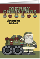 Christmas for anyone in the Army, custom name, Santa Claus with tank card