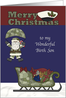 Christmas to Birth Son, Marines, Santa Claus parachuting, sleigh card