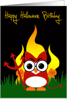 Birthday on Halloween with a Devil Owl Standing in Front of Flames card