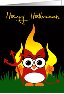 Halloween Card with a Devil Holding a Pitchfork in Front of Flames card