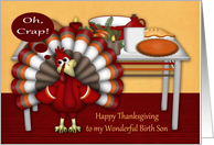 Thanksgiving to Birth Son, Cute turkey with table setting, pumpkin pie card