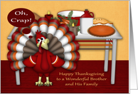 Thanksgiving to Brother and Family, Cute turkey with table, pies card