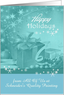 Happy Holidays, custom name business, presents, bows, snowflakes card
