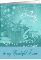 Christmas to Fiance, Presents, Bows, Ornaments with snowflakes, blue card