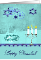 Chanukah, general, pretty winter scene with Star of Davids on blue card