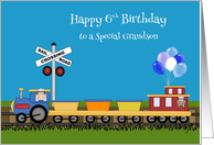 6th Birthday to Grandson with a Train with Cute Boys on a Track card