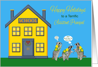 Happy Holidays to Assistant Principal, Raccoons wearing book bags card