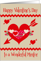 Valentine’s Day To Mentor, red, white and pink hearts with arrows card
