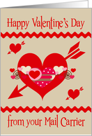 Valentine’s Day from Mail Carrier, red, white and pink hearts, arrows card