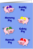 Custom name little piggies with colorful bows on a solid background any occasion card