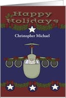 Happy Holidays, Air Force, custom name, Santa Claus flying a plane card