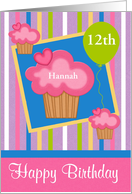 Birthday Custom Name and Age with Cupcakes and a Colorful Balloon card