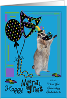 Mardi Gras to Sneaky Sidekick with a Raccoon Wearing a Jester Hat card