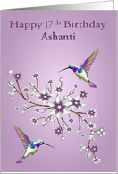 17th Birthday Custom Name with Hummingbirds and Pretty Flowers card