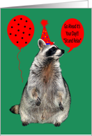 Birthday, raccoon wearing a party hat with a balloon, polka dots card