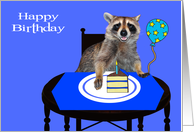 Birthday, general, Raccoon smiling sitting at table, cake with candle card