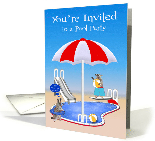 Invitations, Pool Party, Raccoons by pool with beach balls, red card