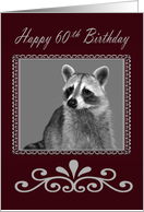 60th Birthday, Raccoon Portrait in fancy frame on gray and burgundy card
