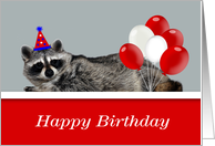 Birthday with an Adorable Raccoon Laying on a Shelf and Balloons card