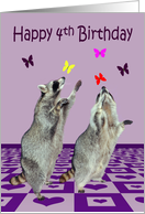 4th Birthday, adorable raccoons playing with butterflies on purple card