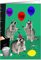 Birthday, Office, Raccoons having an office party, balloons, party hat card