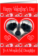 Valentine’s Day To Daughter, Raccoon in red and pink heart, hugs card