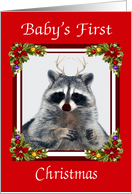 Christmas Baby’s First, red nose raccoon, antlers, poinsettia swag card