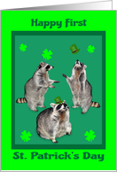 St. Patrick’s Day Baby’s first, raccoons with hats, shamrocks on green card