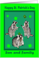 St. Patrick’s Day to Son and Family, raccoons with shamrocks, hats card