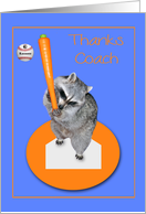 Thank You to Coach, adorable accoon with a carrot bat, baseball card