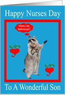 Nurses Day To Son, raccoon with stethoscope in red frame on blue card