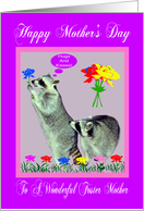 Mother’s Day To Foster Mom, raccoons with flowers on purple, pink card