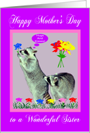 Mother’s Day To Sister, raccoons with flowers on purple, pink frame card