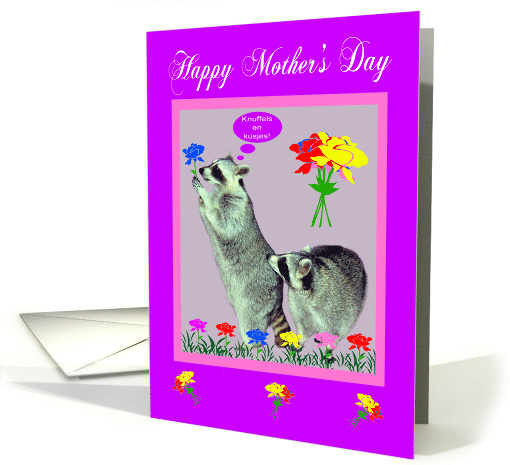 Mother's Day in Dutch, raccoons with flowers in pink frame... (742509)