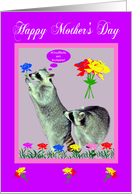 Mother’s Day in Dutch, raccoons with flowers in pink frame on purple card