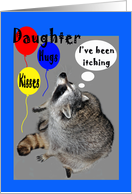 Birthday for Daughter, raccoons itching with balloons card