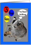 3rd Birthday, raccoons itching with balloons card