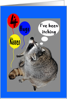 4th Birthday, raccoons itching with balloons card