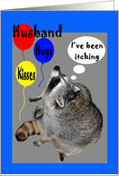 Birthday for Husband, raccoon with balloons itching card