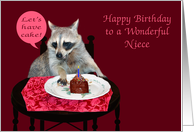 Birthday for Niece, raccoon with a piece of cake and lite candle card