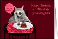 Birthday to Granddaughter, raccoon with a piece of cake, lite candle card