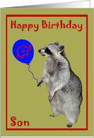 Birthday for Son, Raccoon with a blue, elephant balloon on green card