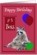 Birthday to Boss, Raccoon sitting with colorful balloons, magenta card