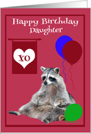 Birthday to Daughter, Raccoon sitting with colorful balloons, magenta card